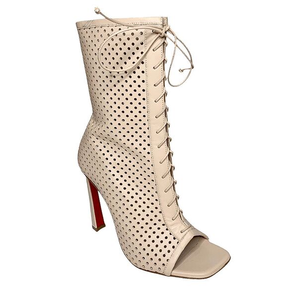 Christian Louboutin Open Condora Booty 100 Leche Leather Lace-Up Heel Boots 36.5 - Picture 1 of 11